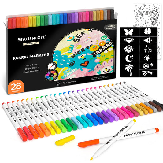 28 Colors Fabric Markers, Shirt Permanent Markers for Clothes Sneakers Jeans with 11 Stencils 1 Fabric Sheet, Fabric Pens for Kids Adult Painting Writing