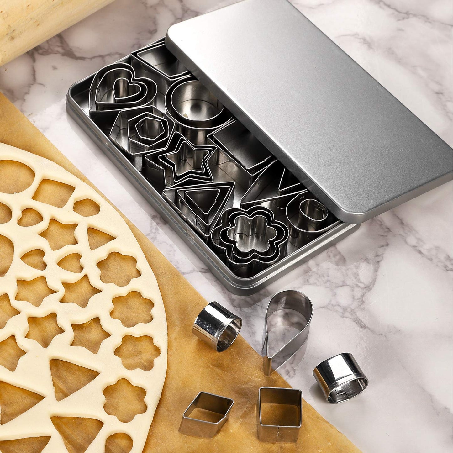 Mini Cookie Cutter Set - 30 Stainless Steel Shapes: Star, Flower, Heart, Geometric - For Pastry Dough, Pie Crust & Fondant