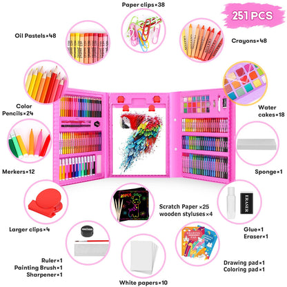 Teen Girl Boys Gifts Trendy Stuff, Art Kit, 251-Pack Art Supplies Drawing Kits, Arts and Crafts Gifts Box for Kids Teen Girls Boys, Art Set Case with Trifold Easel, Scratch Paper, Sketch Pads