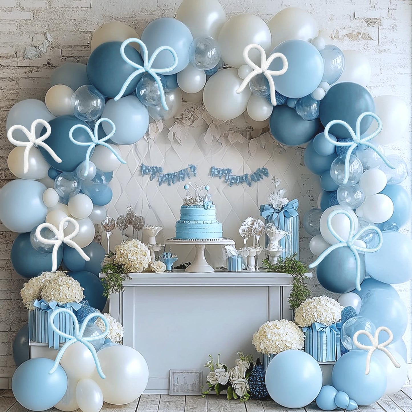 Dusty Blue Bow Balloon Arch Kit, 119Pcs 18/10/5 Inch Light Blue Clear White Balloons Garland Arch Kit for Boys Birthday, Baby Shower, Gender Reveal, Wedding Decoration