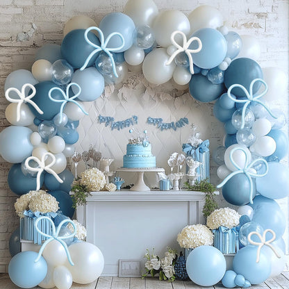 Dusty Blue Bow Balloon Arch Kit, 119Pcs 18/10/5 Inch Light Blue Clear White Balloons Garland Arch Kit for Boys Birthday, Baby Shower, Gender Reveal, Wedding Decoration