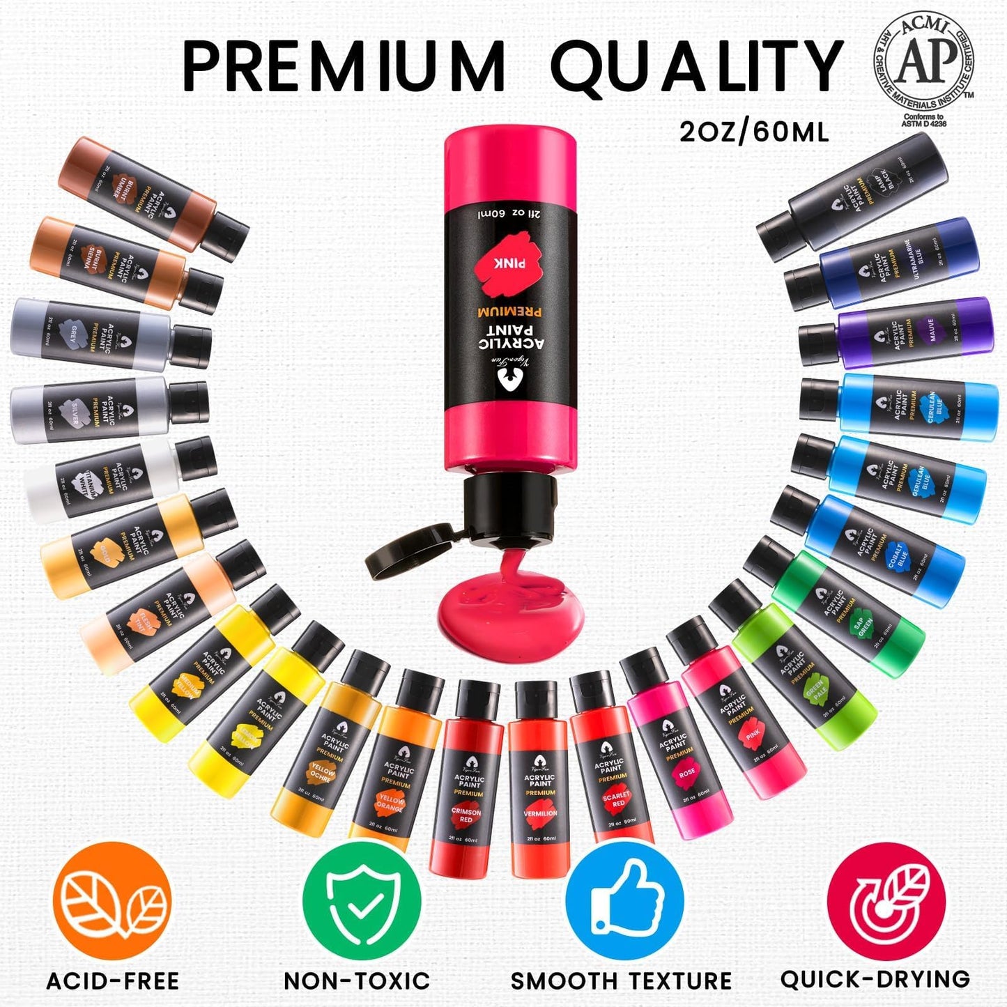 40 Pcs Acrylic Paint Set with 12 Brushes, 2 Knives & Palette - 24 Colors (2oz/60ml) for Adults, Kids, Artists & Beginners - Easter Basket Stuffers, Rock & Egg Painting Kit