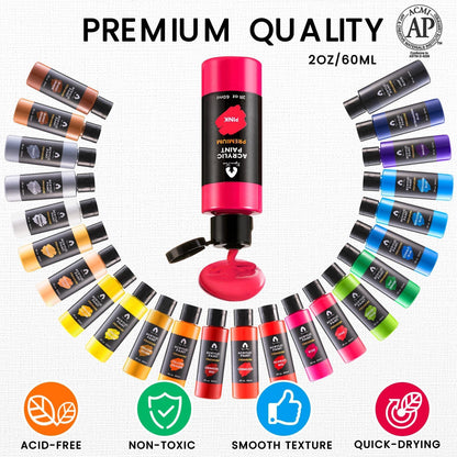 40 Pcs Acrylic Paint Set with 12 Brushes, 2 Knives & Palette - 24 Colors (2oz/60ml) for Adults, Kids, Artists & Beginners - Easter Basket Stuffers, Rock & Egg Painting Kit