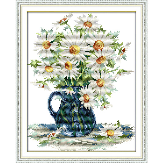 Stamped Cross Stitch Kits for Beginners Full Range of Cross Stitching Preprinted Pattern for Kids or Adults, Embroidery Needlepoint Starter Kits-Daisy vase, 15x18 inch