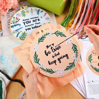 5 Sets Inspired Quote Embroidery Kit for Beginner Adult Motivational Embroidery Starter Set Floral Cross Stamped Needlepoint Kit Hoops Thread Needles for Adults Craft Lover