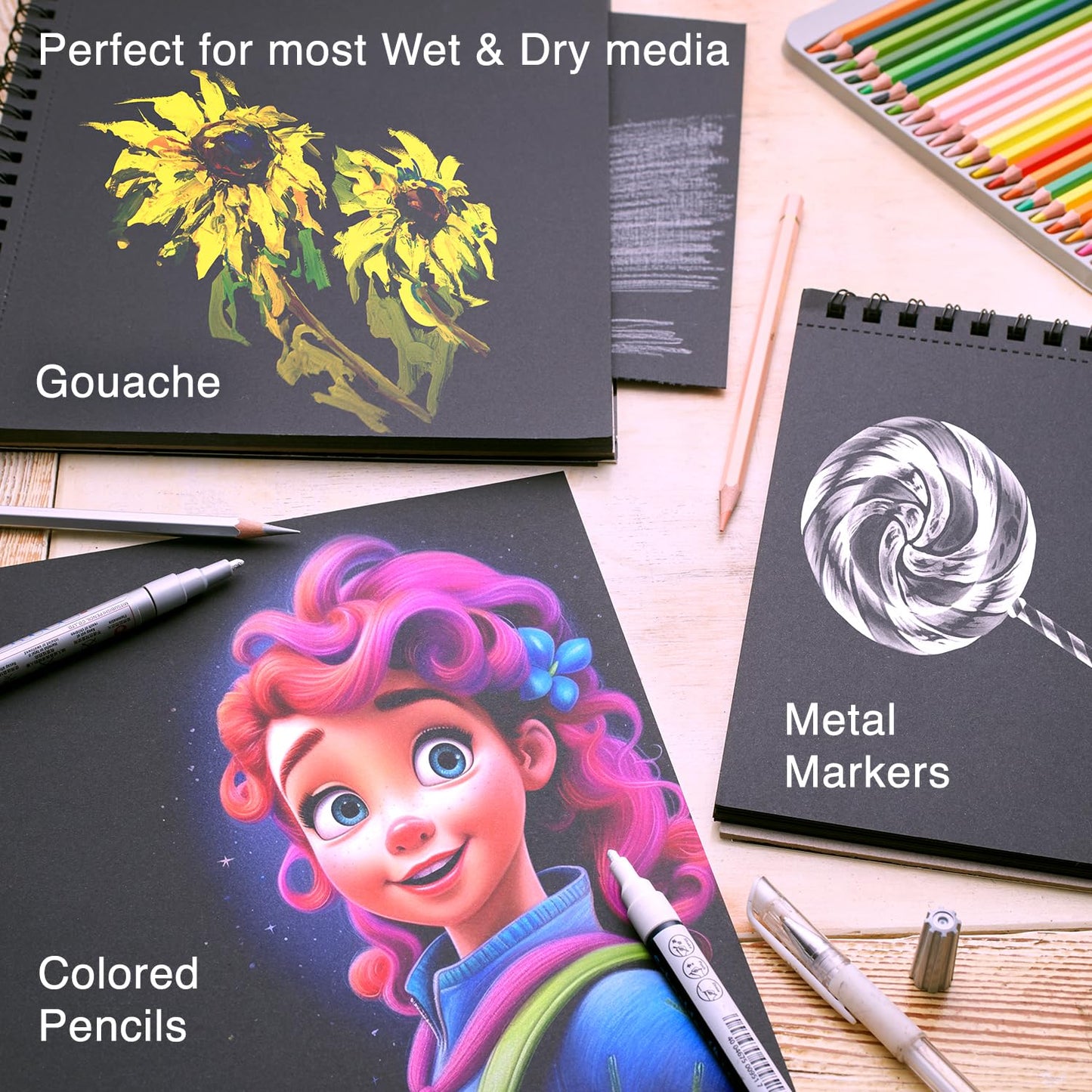 9x12 Premium Black Paper Pads, Spiral Bound Sketchbook, Pack of 2, 70 Sheets (150g/m2), Acid-Free Drawing Paper, Ideal for Kids, Teens & Adults