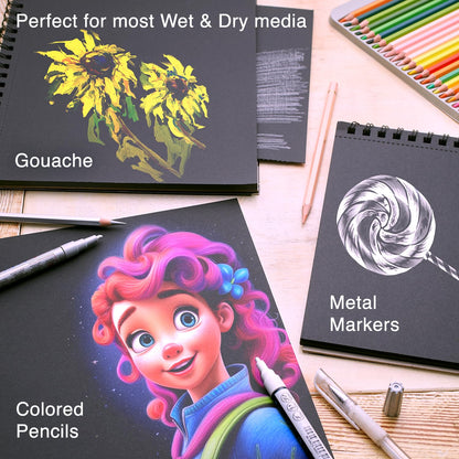 9x12 Premium Black Paper Pads, Spiral Bound Sketchbook, Pack of 2, 70 Sheets (150g/m2), Acid-Free Drawing Paper, Ideal for Kids, Teens & Adults