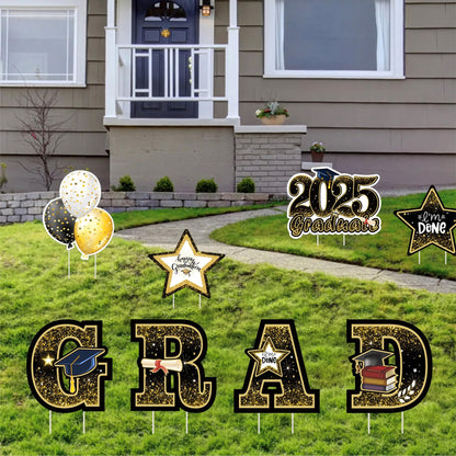 Graduation Yard Sign Decorations 2025, 8 PCS Large Congrats Grad Yard Stakes, Gold and Black Graduation Lawn Signs Decor, Waterproof Outdoor Graduation Party Supplies