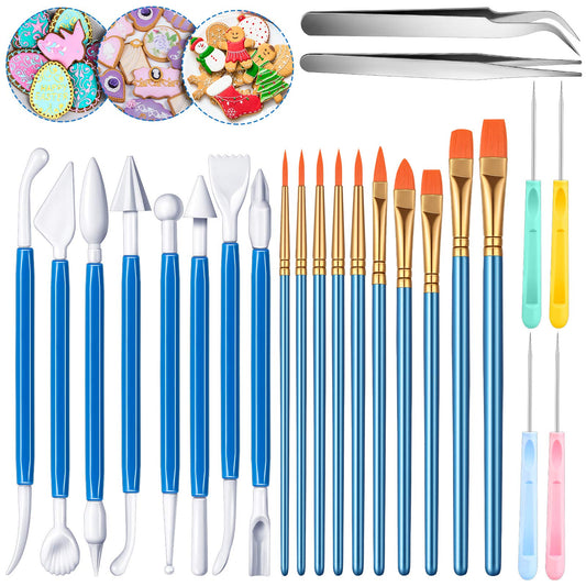 24 Pieces Cookie Decorating Fondant Cake Decorating Tool Set Include Brushes Sugar Stir Needle Fondant Modeling Tool Elbow and Straight Tweezer(Blue)