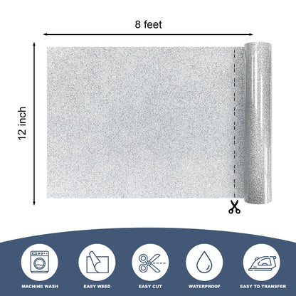 Silver Glitter Heat Transfer Vinyl 12" x 8 ft HTV for Shirts, Glitter HTV for All Cutter Machine - Easy to Cut & Weed for Heat Vinyl Design (Silver)