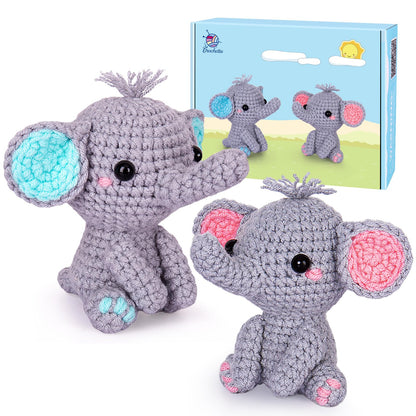 Crochet Kit for Beginners, Beginner Crochet Starter Kit with Step-by-Step Video Tutorials, Learn to Crochet Kits for Adults Kids, DIY Knitting Supplies, 2 Pack Elephant Family (40%+ Yarn)