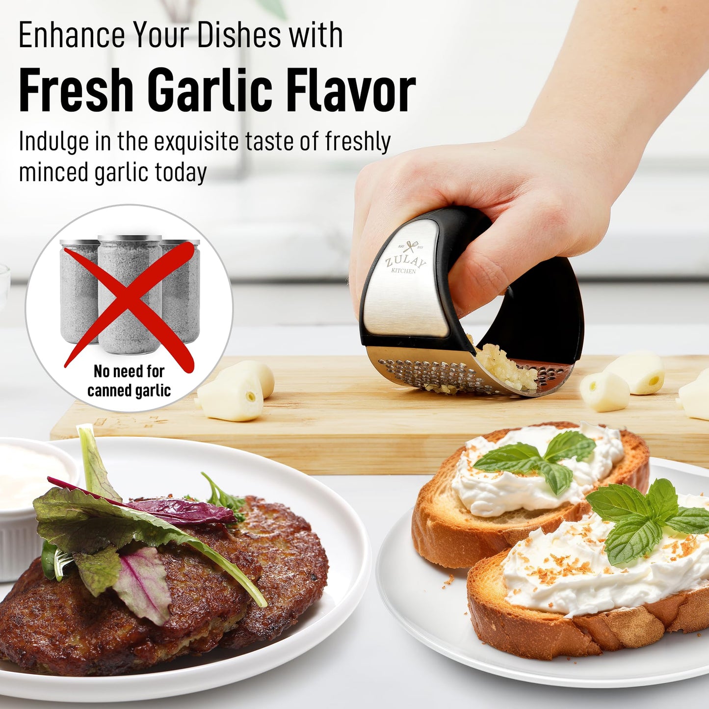Stainless Steel Garlic Press Rocker Set - Premium Garlic Mincer Garlic Crusher - New Innovative Garlic Crusher with Peeler and Scraper - Comfortable Grip (Black) & Organizer Storage Tote Bag