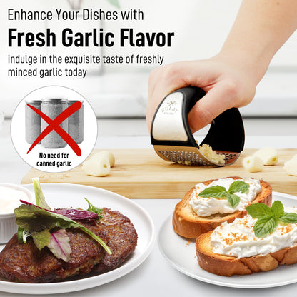Stainless Steel Garlic Press Rocker Set - Premium Garlic Mincer Garlic Crusher - New Innovative Garlic Crusher with Peeler and Scraper - Comfortable Grip (Black) & Organizer Storage Tote Bag
