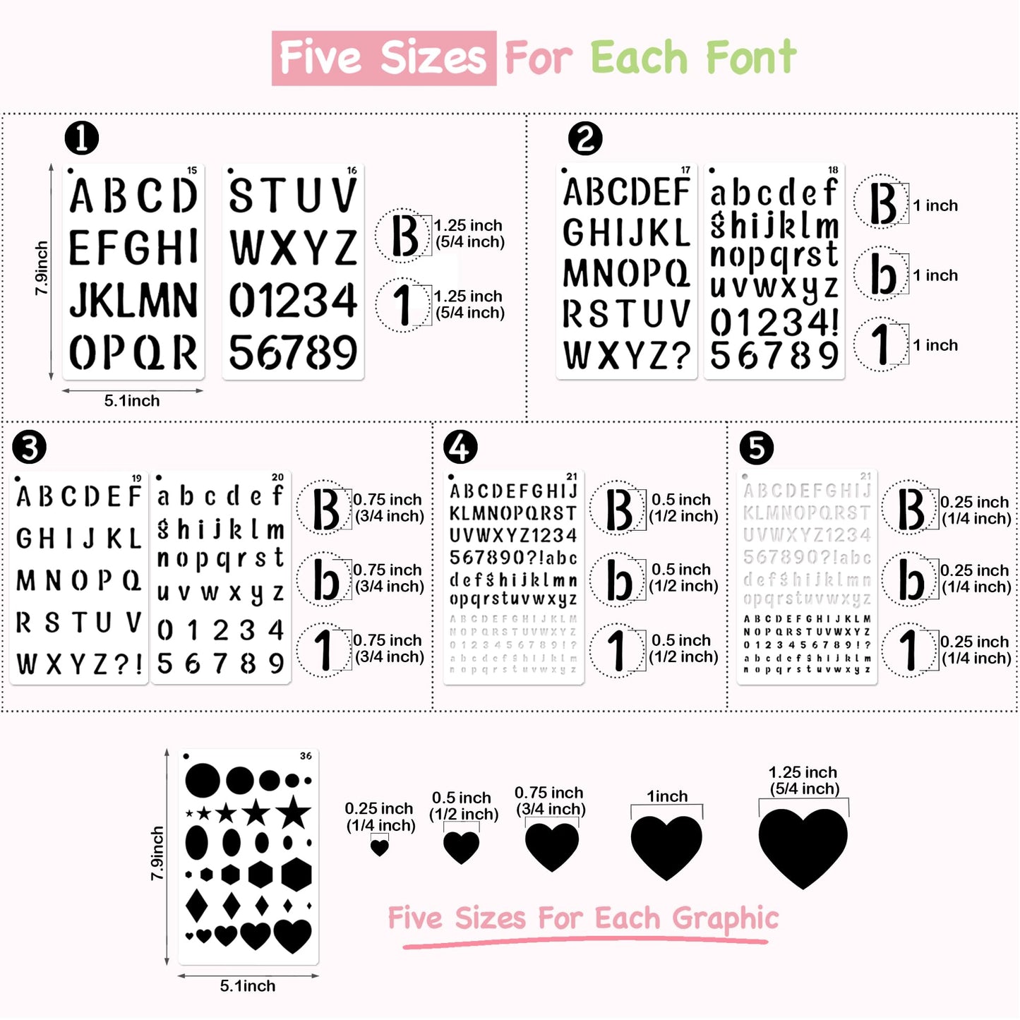 Reusable Small Letter Stencils for Painting, 36 Pcs (1/4, 1/2, 3/4, 1, 5/4 in.) Plastic Templates with Number & Alphabet - DIY Crafts