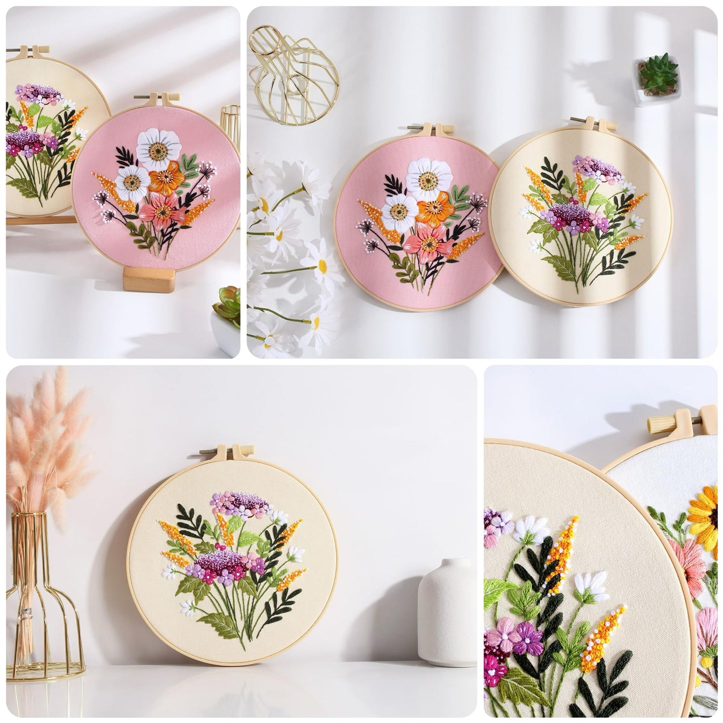 3 PCS Embroidery Kit for Beginners - Cross Stitch DIY Craft Set, Flower Embroidery Accessories & Hoop Included, Hand Embroidery Kit for Adults Stitching Sewing Kit Gift | FlowerB Patterns