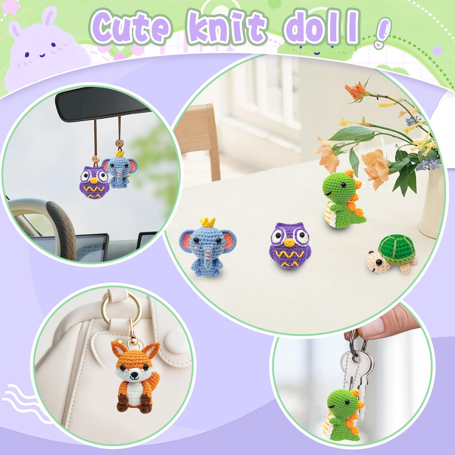 Knitting Kit for Beginners with 6 Pcs Crochet Animal Kit for Beginners in Step by Step Video Tutorials, Beginner Crochet Kit for Adults (Purple)