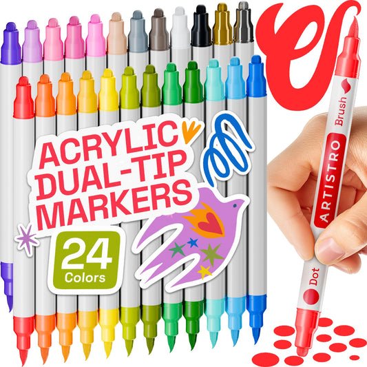 24 Acrylic Paint Markers for Fabric, Rocks, Paper, Wood, Canvas, Glass, DIY - Safe for Kids Dual Tip Acrylic Paint Pens (Dual Tip Dot + Brush, 24)