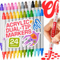 24 Acrylic Paint Markers for Fabric, Rocks, Paper, Wood, Canvas, Glass, DIY - Safe for Kids Dual Tip Acrylic Paint Pens (Dual Tip Dot + Brush, 24)