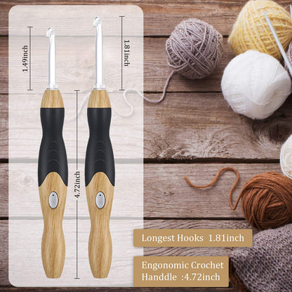 11 Sizes Lighted Crochet Hooks Set Rechargeable Crochet Hook Light Up Hooks with Case, Interchangeable Heads 2.5 mm to 8 mm for DIY Craft Supplies(Wood Color-Black)