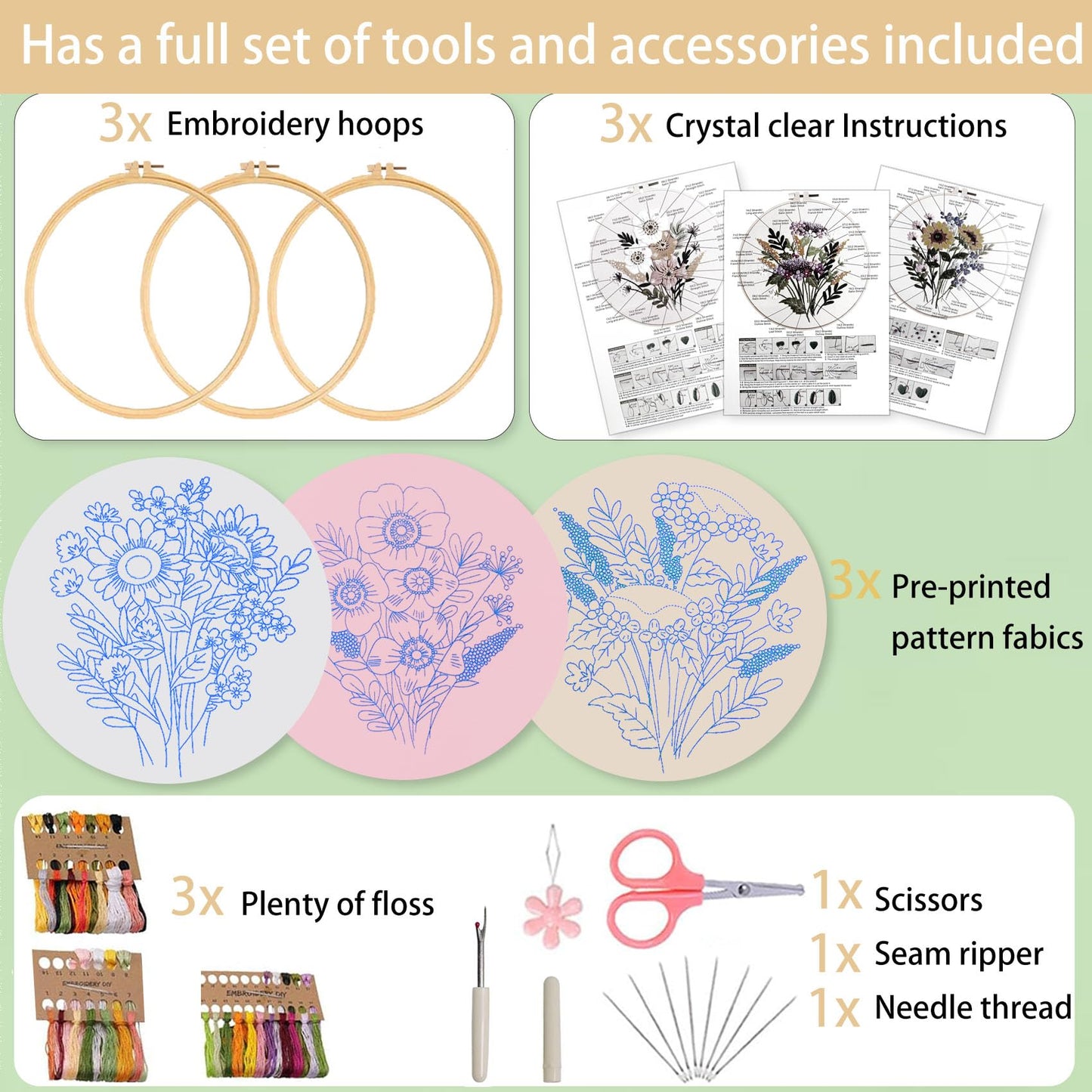 3 Sets Embroidery Kit for Beginners Cross Stitch Kits Needlepoint Kits Crafts for Adults with 3 Embroidery Hoops Easy-to-Follow Operating Instructions,Needle Point Kits with Flowers Patterns