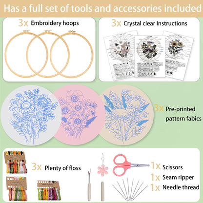 3 Sets Embroidery Kit for Beginners Cross Stitch Kits Needlepoint Kits Crafts for Adults with 3 Embroidery Hoops Easy-to-Follow Operating Instructions,Needle Point Kits with Flowers Patterns