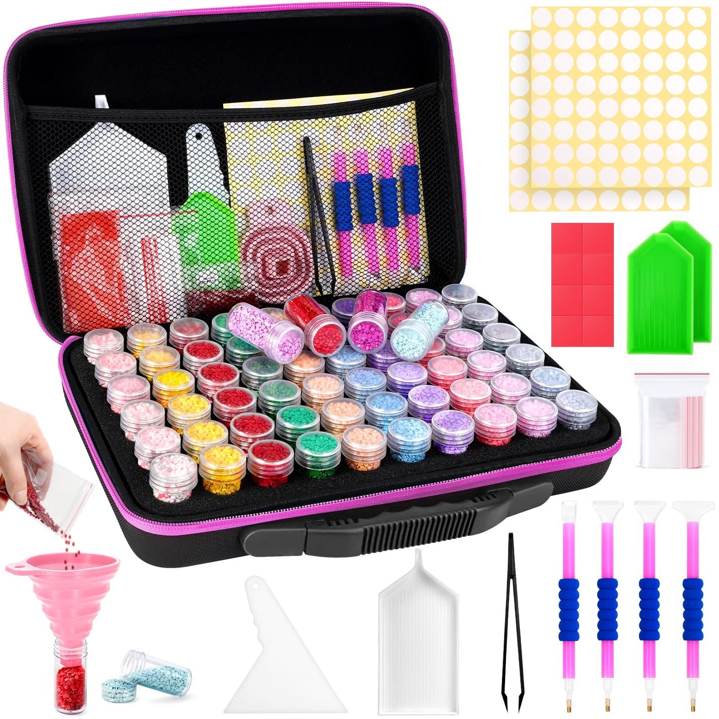 Diamond Painting Storage Containers, 60 Slots Diamond Art Accessories and Tools, Diamond Art Organizer with Diamond Painting Kits Shockproof Jars for Jewelry Beads (Pink)