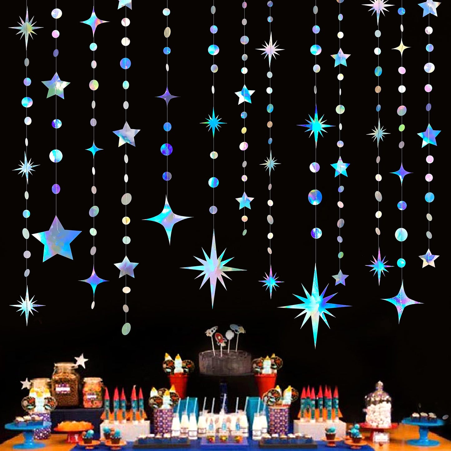 Iridescent Party Decorations Star Circle Dot Paper Garland Banner Bunting Streamer Metallic Hanging Twinkle Star Decoration for Kids Birthday Baby Shower Wedding Festival Engagement Bling Bling Decor