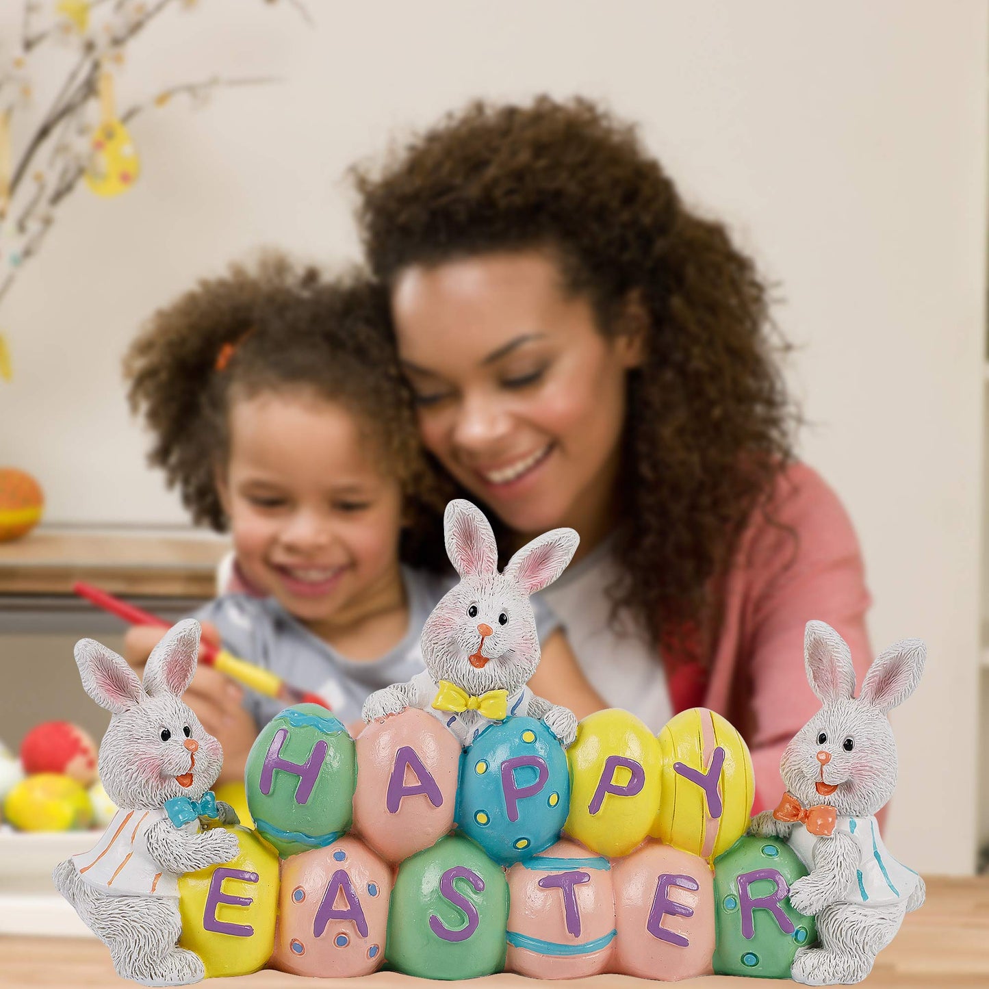 Easter Decorations Eggs Bunny, Hand-Painted Resin Tabletop Centerpiece, Decor Bunny Figurine for Home Room Table Office Party (Happy Easter)