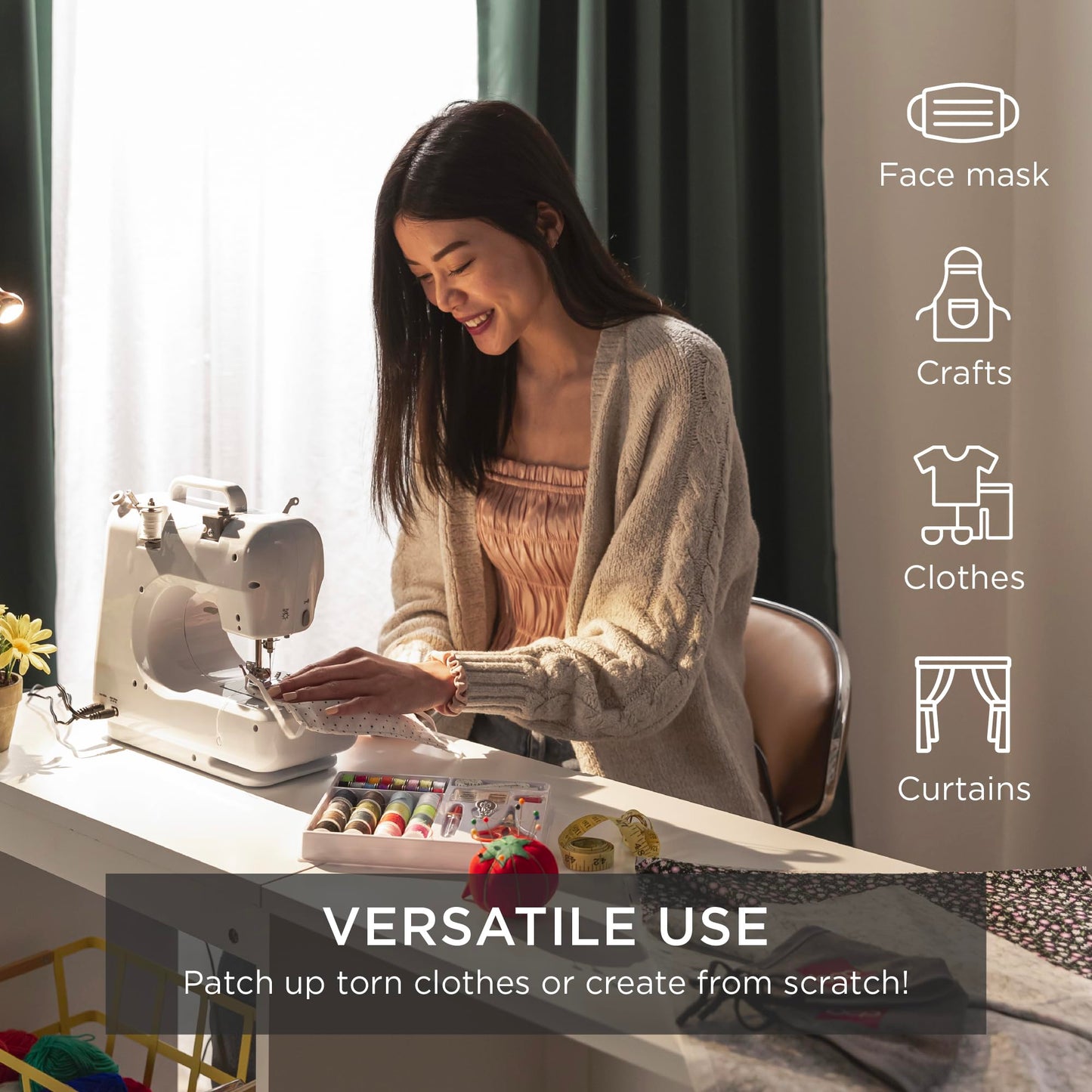 Compact Sewing Machine, 42-Piece Beginners Kit, Multifunctional Portable 6V Beginner Sewing Machine w/ 12 Stitch Patterns, Light, Foot Pedal, Storage Drawer - Teal/White