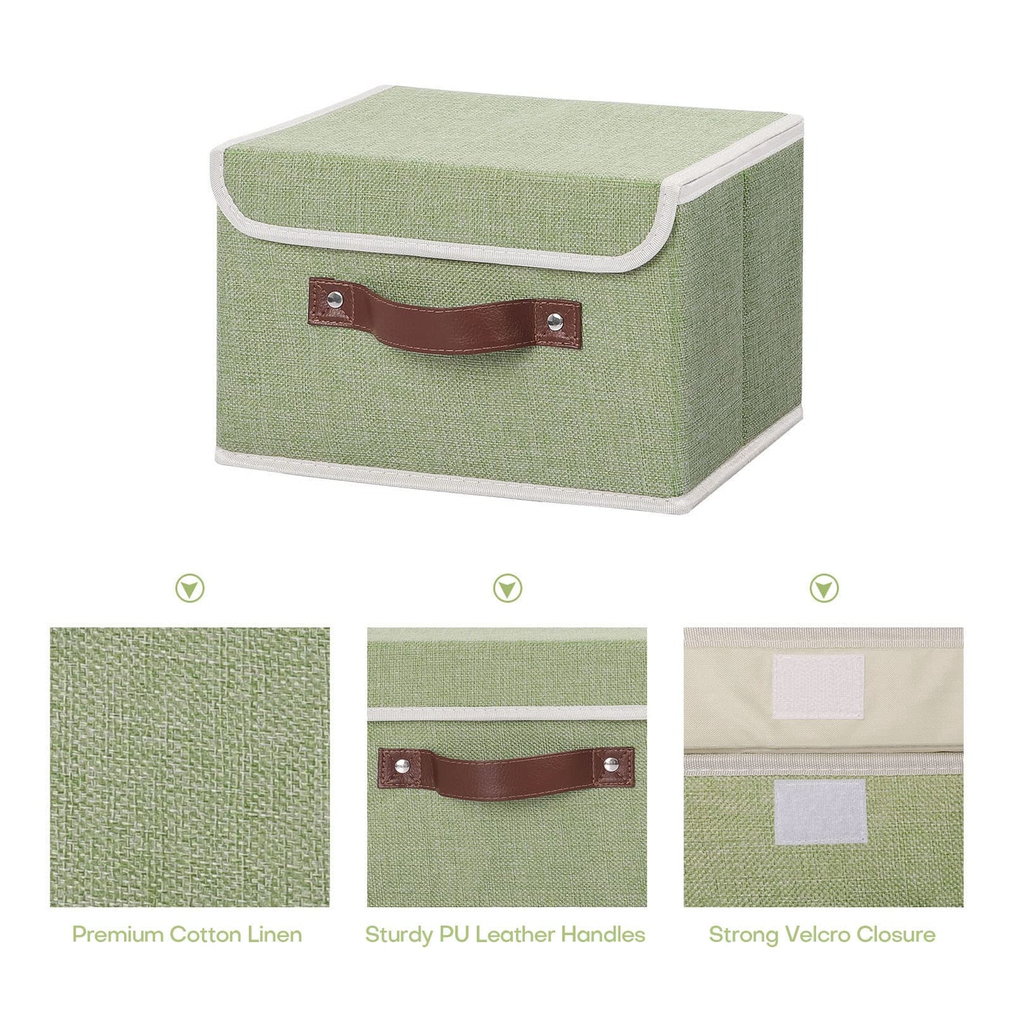 Storage Bin with Lid Storage Boxes with PU Leather Handles PP Plastic Board Decorative Foldable Lidded Cotton Linen Fabric Home Cubes Baskets Closet Organizer Container - Green, Small Size