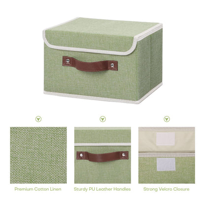 Storage Bin with Lid Storage Boxes with PU Leather Handles PP Plastic Board Decorative Foldable Lidded Cotton Linen Fabric Home Cubes Baskets Closet Organizer Container - Green, Small Size