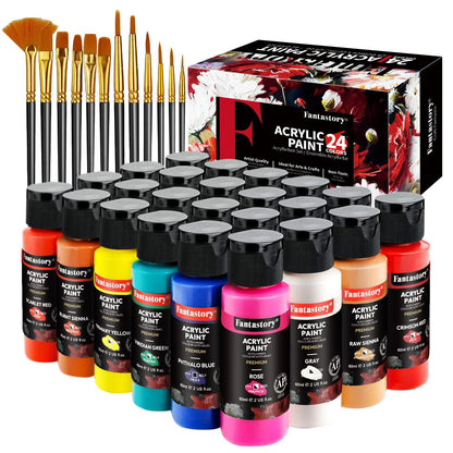 Acrylic Paint Set 24 Classic Colors(2oz /60ml) with 12 Brushes, Professional Craft Thick Paints Kits for Adults, Canvas Wood Fabric Ceramic Rock Painting Supplies [Professional Series]
