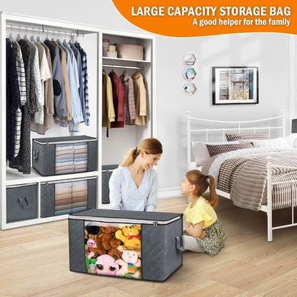 Clothes Storage, Foldable Large Blanket Storage Bags with Zippers, Storage and Organization for Clothing, Comforter, Bedding, Toys, Closet Organizers with Enhanced Handle, 60L 6 Pack Gray