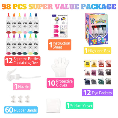 Tie Dye Kit, Tie Dye Set for Kids, 12 Vibrant Colors Pre-Filled Tye Dye Bottles, Non Toxic Permanent Fabric Dye Art Set, Easy DIY Fabric Art - Create Fun