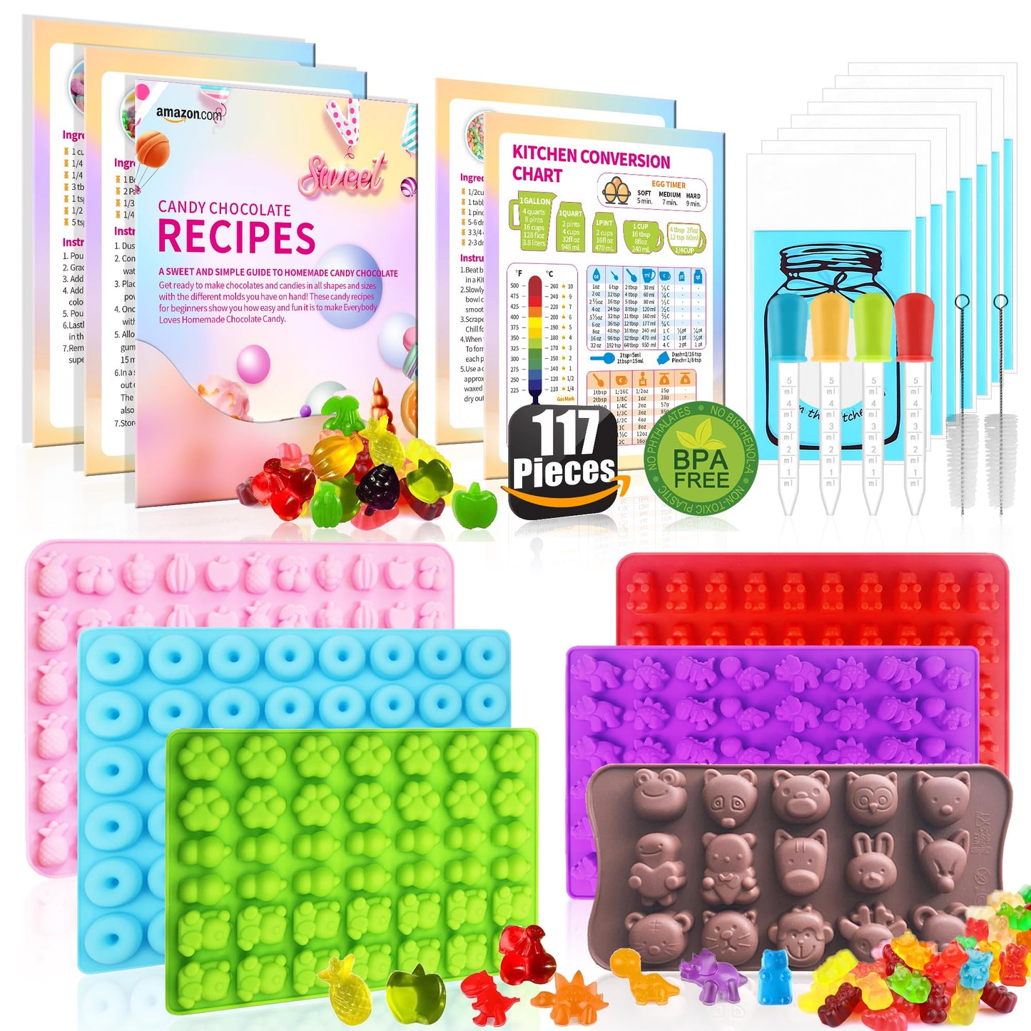 117 Pcs Gummy Bear Mold Silicone,with Candy Recipes、Droppers and Wrappers Card,Non-Stick Food Grade Chocolate Candy Gummy molds，Including Mini Dinosaur, Bear, Animals, Fruits and Mini Donut Molds