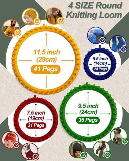 Loom Knitting Kit with Yarn, 23PCS Round Knitting Loom Kit for Beginners Including Instructions and Pom Pom Maker, Easy & Quick Hat Knitting Loom Set/Scarf Loom Knitting Set for Family