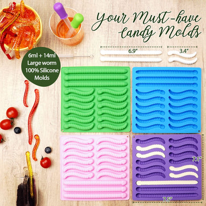 Gummy Worm Molds Silicone 6ML 14ML, 4PCS Non-Stick Silicone Large Worm Molds for Chocolate Gummy Candy 60 Cavity with 2 Droppers & Brush, Ideal Gift for Kids Adult Halloween Party
