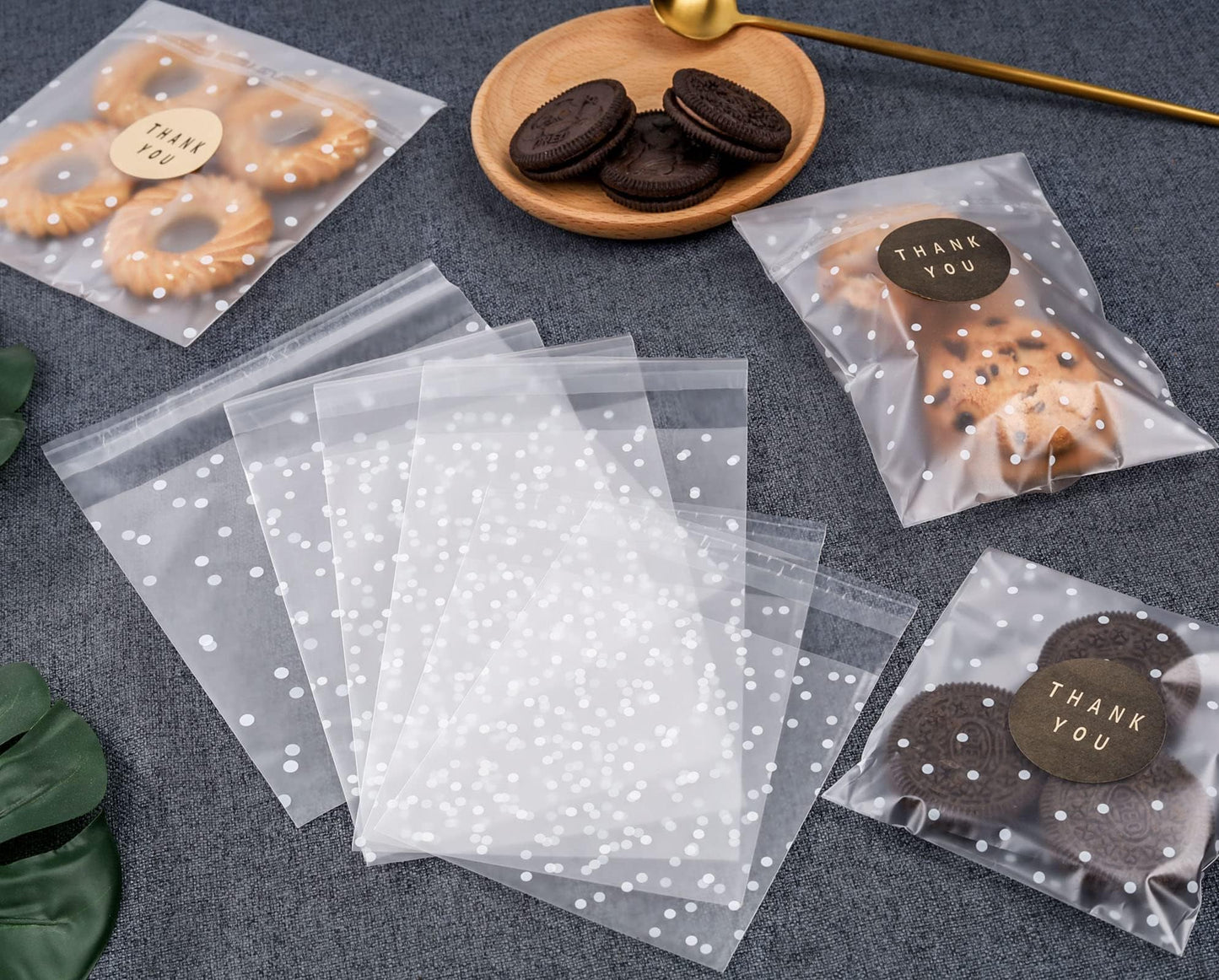 200PACK Self Sealing Cellophane Bags Clear Cookie Bags for Gift Giving Treat bag for Packaging Cookies, Candy, Gifts (White Polka Dot, 4x4Inches)