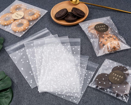 200PACK Self Sealing Cellophane Bags Clear Cookie Bags for Gift Giving Treat bag for Packaging Cookies, Candy, Gifts (White Polka Dot, 4x4Inches)