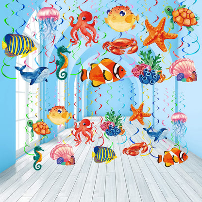 30 Pcs Tropical Fish Hanging Swirls Under The Sea Party Decorations Ceiling Decor Ocean Themed Mermaid Creatures Beach Party Supplies Under The Sea Decor(Mixed Style)