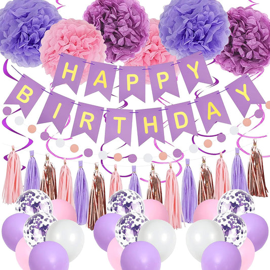 Purple Pink Party Decorations for Women Girls With Happy Birthday Banner, Hanging Swirls, Tissue Paper Pompoms, Circle Dots Garland, Tassel Garland, Purple Balloons