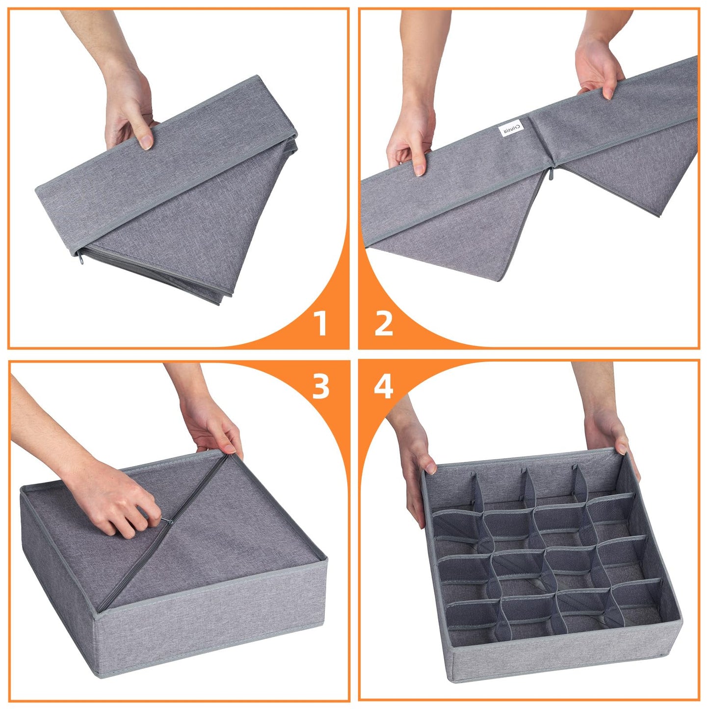 3 Pack Sock Underwear Organizer Dividers, 64 Cell Drawer Fabric Foldable Cabinet Closet Storage Boxes for Storing Socks, Underwear, Ties (16+24+24 Cell, Gray)