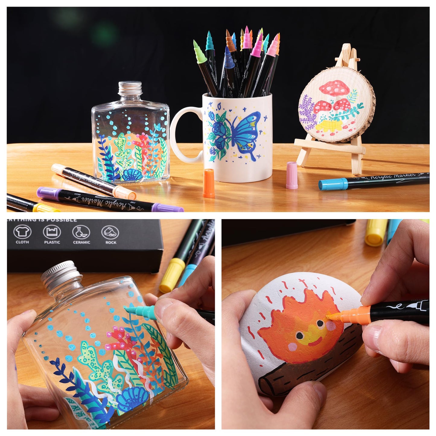 30 Colors Acrylic Paint Markers, Waterproof Dual Tip Acrylic Paint Pens with Brush and Fine Tip, Markers Set for Paper, Rock, Wood, Canvas, Glass, Ceramic and DIY Crafts Making Art Supplies