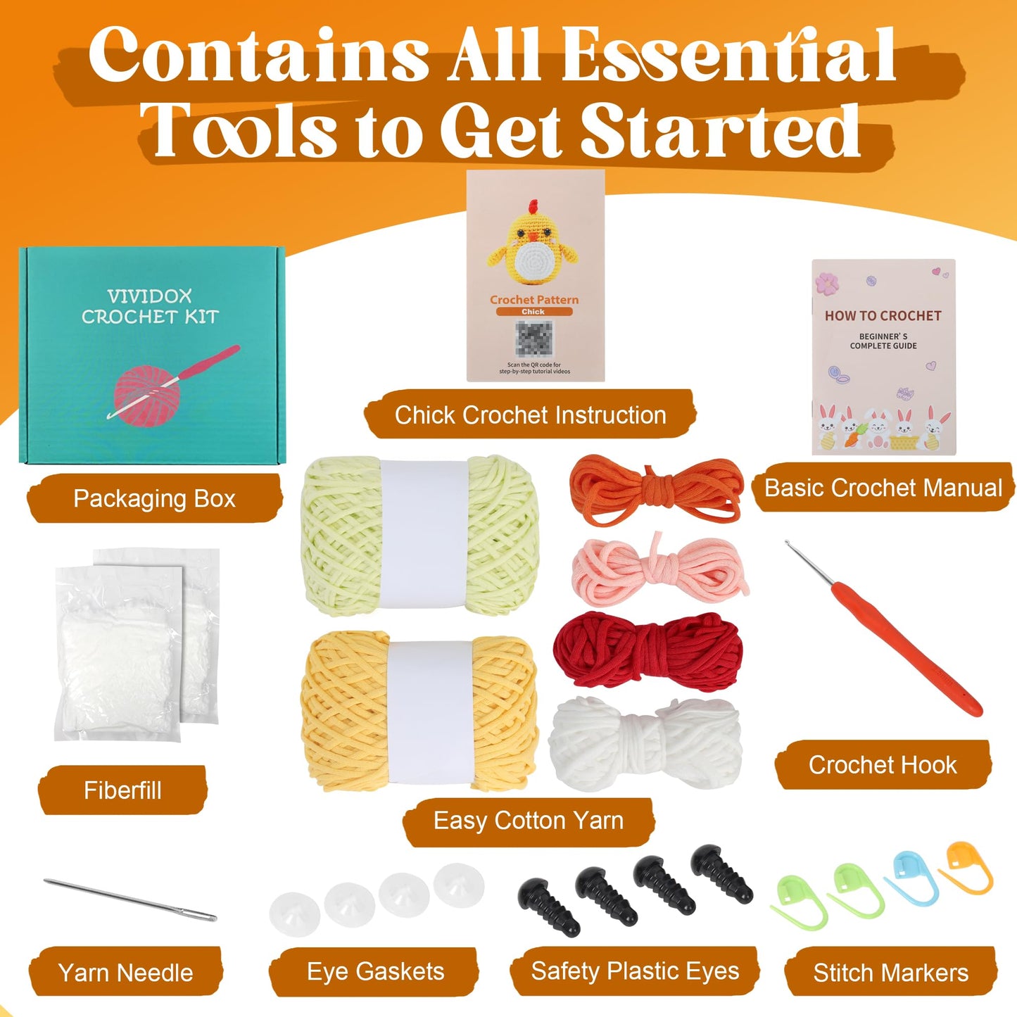 2 Pack Chick Crochet Kit for Beginners Adults Kids with Easy Yarn 3.5in Tall Animal Crocheting Starter Set with Step-by-Step Video Tutorials, DIY Knitting Kit with Complete Tools(Yellow+Green)