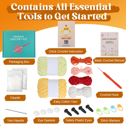 2 Pack Chick Crochet Kit for Beginners Adults Kids with Easy Yarn 3.5in Tall Animal Crocheting Starter Set with Step-by-Step Video Tutorials, DIY Knitting Kit with Complete Tools(Yellow+Green)