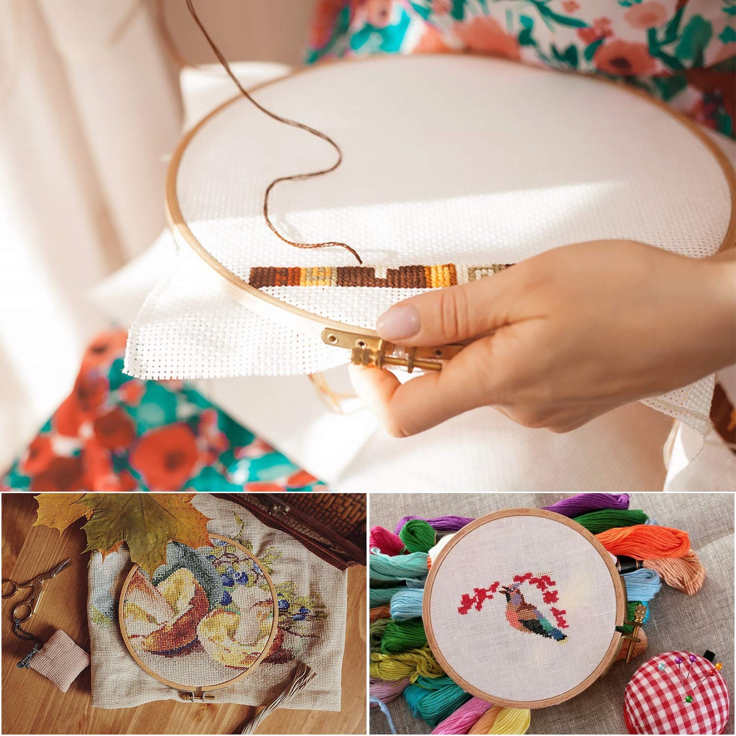 3 Pieces Beech Wood Embroidery Hoops Set by 7 Inch to 9 Inch Circle Hoop Ring Cross Stitch Cotton for DIY Embroidery Floss Starter of Sewing Art Kits Crafts (BeechHoop 7-9)