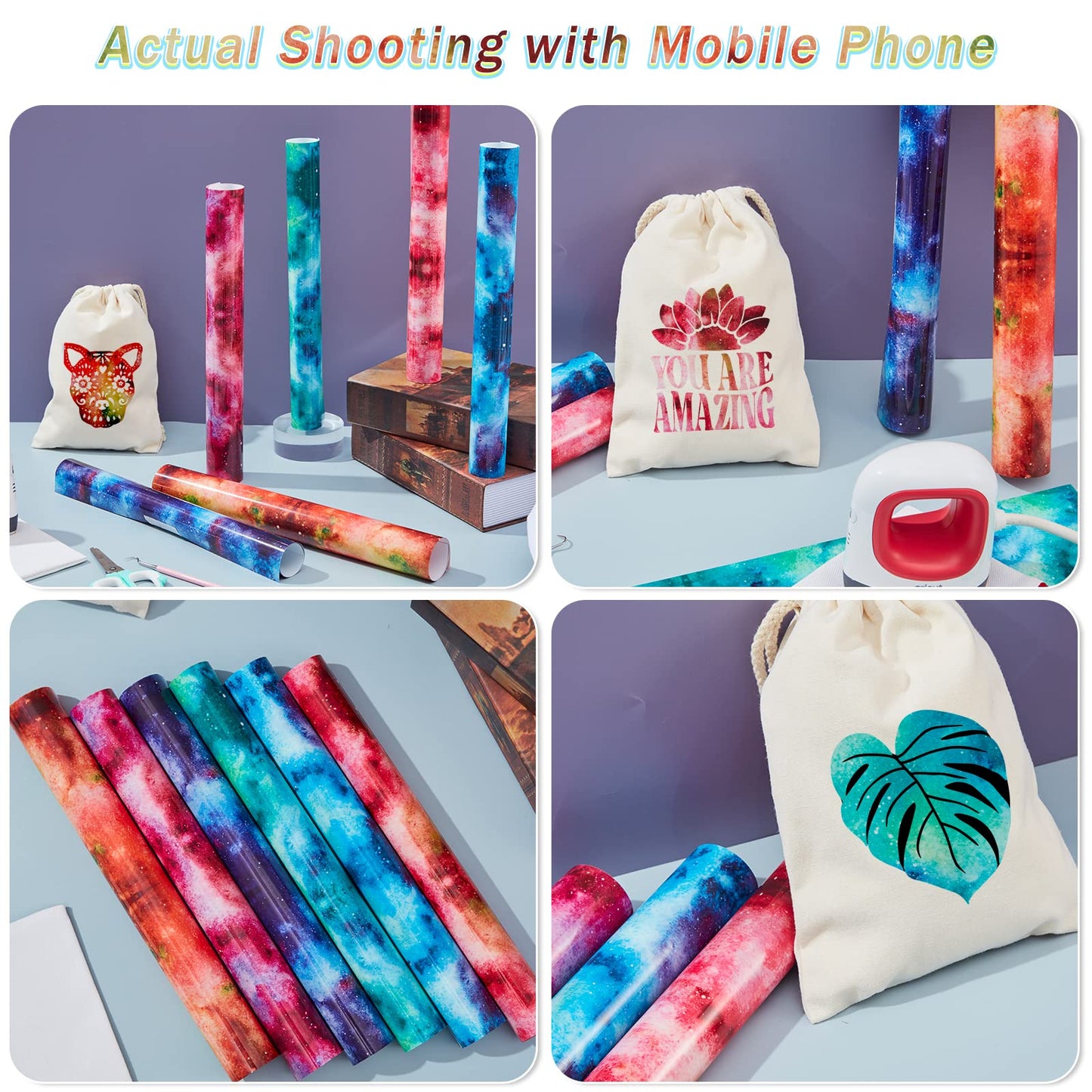 Glow in Dark HTV Heat Transfer Vinyl - 12x10 inch 6 Sheets Luminous Galaxy Iron on Vinyl Galaxy HTV Vinyl for T-Shirts DIY Compatible with Cricut or Silhouette Cameo