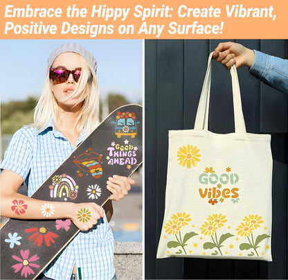 Stencils for Painting, Hippie Style Stencils for Crafts Reusable, 3 Inch Plastic Stencils for Painting on Wood Wall Canvas Fabric, Small Stencils for DIY Project & Home Decor