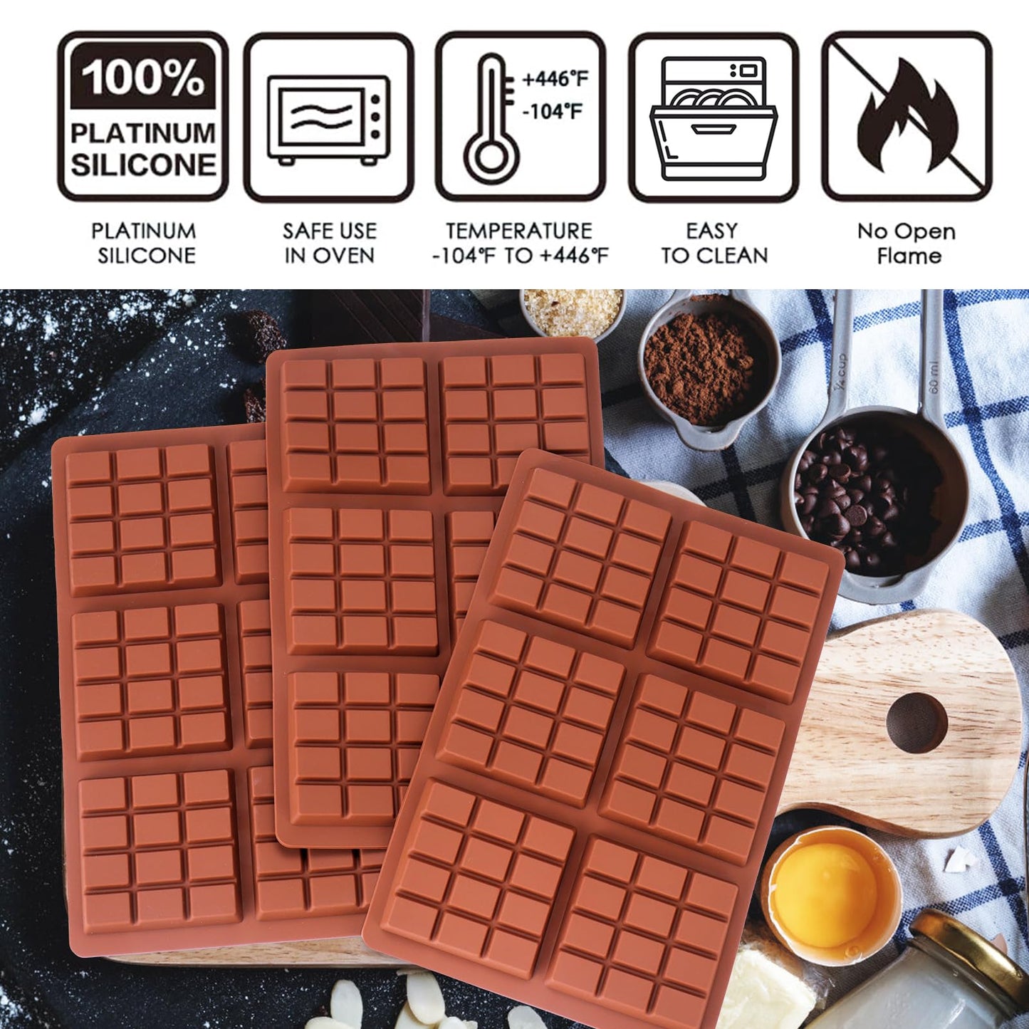 Chocolate Bar Mold Deep, 3Pcs Square Thick Chocolate Bar Mold Silicone, Stuffed Candy Bar Mold