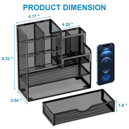 Mesh Pen Holder for Desk, Multi-Functional Pencil Organizer with Drawer, Desk Organizers and Accessories for Office Art Supplies (Black)